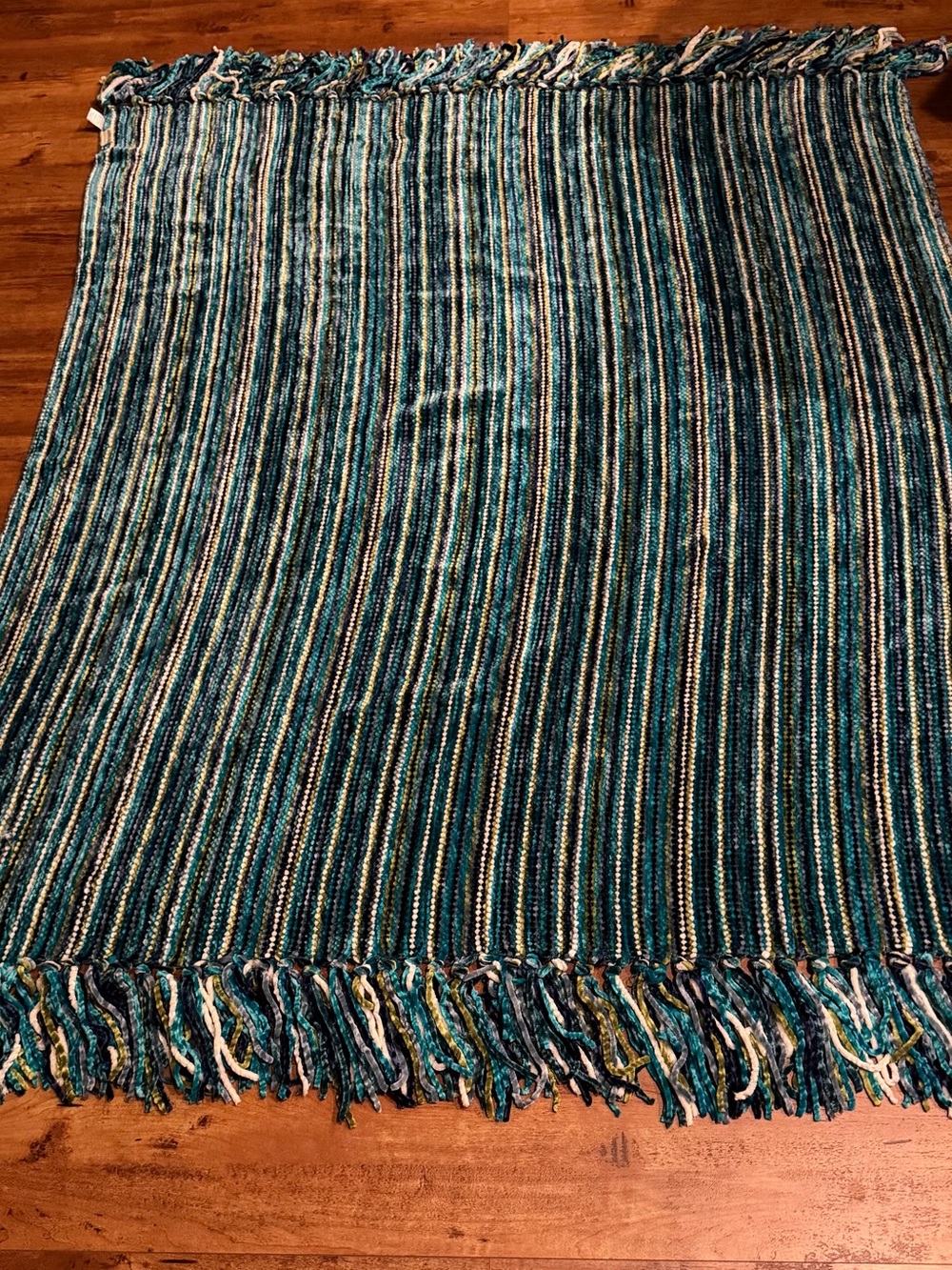 Streamers Throw Blanket Mineral Teal Blue Striped Boho Fringed-GORGEOUS!